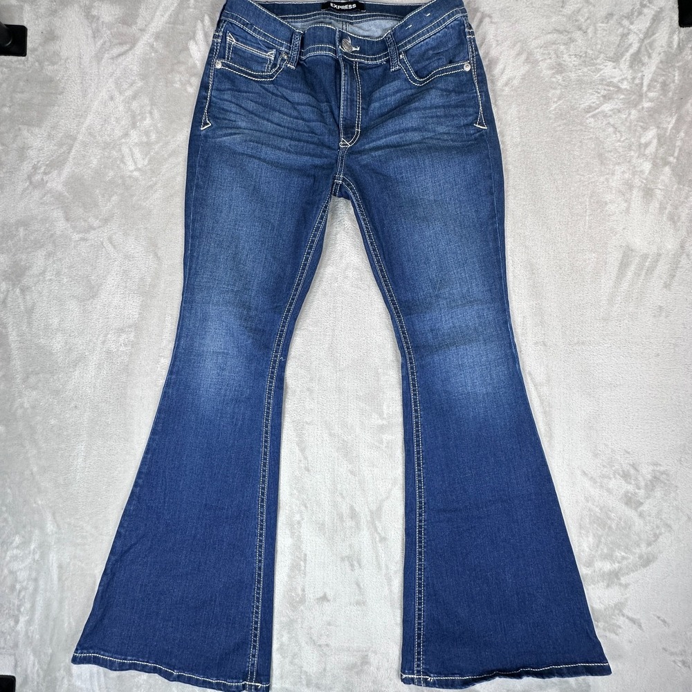 Express Bell Flare Jeans Womens Size 10R Blue Denim Cotton Stretch Mid Rise